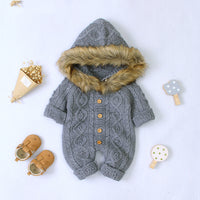 Children's hooded fur collar knitted jumpsuit