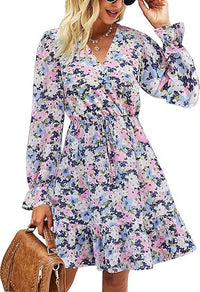 Elegant V-neck Flare-sleeve Floral Long-sleeve Dress