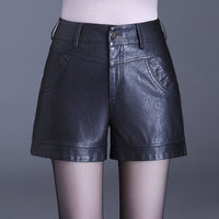 Black Wide-leg Slim High-waist Leather Shorts