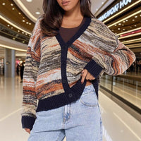 Gradient Striped V-neck Knitted Cardigan Women's Color-contrasting Stripe Retro Short Fashionable Blended Sweater Coat