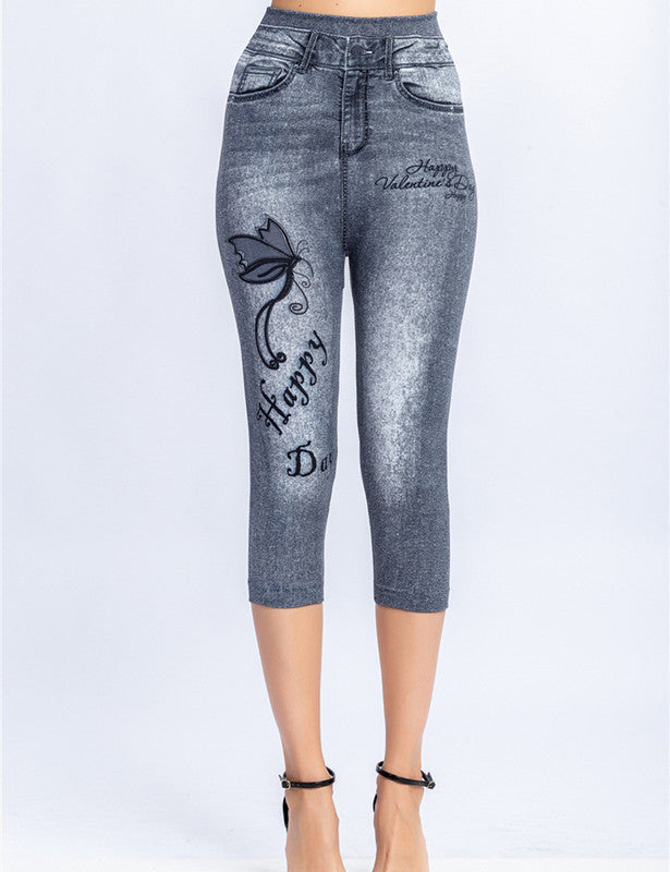 Printed Imitation Denim Cropped Trousers High Elasticity Hip Leggings