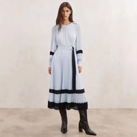 Color-blocked Round-neck Lace-trimmed Dress With A Belt