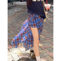 Summer New Arrival Pearl Chiffon Skirt, Asymmetrical Blue Plaid