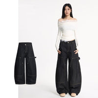 A-shaped Wide-leg Double-knee Raw Denim Workwear Jeans