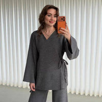 Long Sleeve V Neck Loose Top And Wide Leg Pants Set