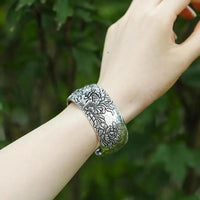 Womens Wide Retro Peony Blossom Wealth And Prosperity Open Bangle