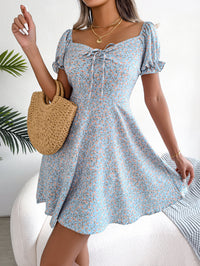 Women   Casual Bell Sleeve Drawstring Tie Flowy Floral Print Dress