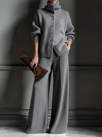 Stylish Womens Casual Knit Turtleneck Wide-Leg Set