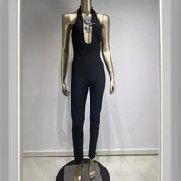 Halter Deep V Diamond Rose Tight Jumpsuit Party Dress