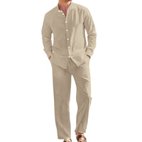 Men's Linen Casual Stand-Collar Shirt And Loose-Fit Trousers Set