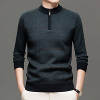 Mens Stylish Plaid Half-zip Knit Sweater