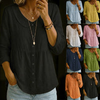 Summer New Peter Pan Collar Linen-Cotton Solid Color Shirt Womens Loose Slimming Three-Quarter Sleeve Casual All-Match Top