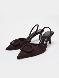 2026 Spring New Arrival Women's Square Buckle Pointed Toe High Heels, Closed Toe Backless Mules Sandals In Brown