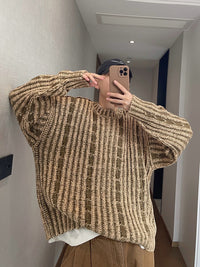 Mens AutumnWinter Retro All-Match Loose Khaki Green Cabled Double-Face Crew-Neck Distressed Thick Sweater
