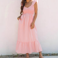 Womens Fashion Pleated V-Neck Short-Sleeve Dress