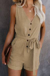 Women Playsuit Summer V Neck Sleeveless Button Belt Bow Casual Jumpsuit Solid Romper Elegant Tunic Short Overalls