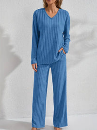Ribbed Long-Sleeve Top And Pants Casual Comfortable Womens Loungewear Set