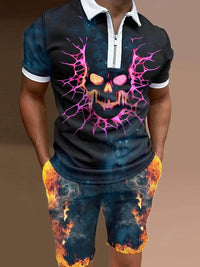 Men's Summer Fashion 3D Printed Short Sleeve Geometric Zip Lapel Shirt Set