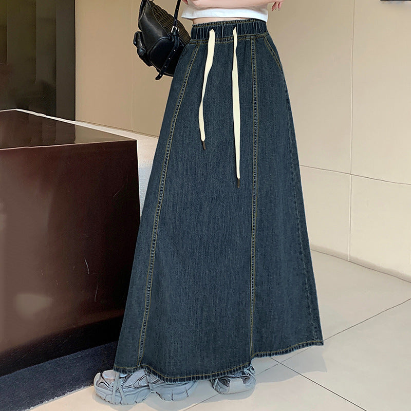 Elastic Waist Drawstring Dark Blue Denim Skirt For Women