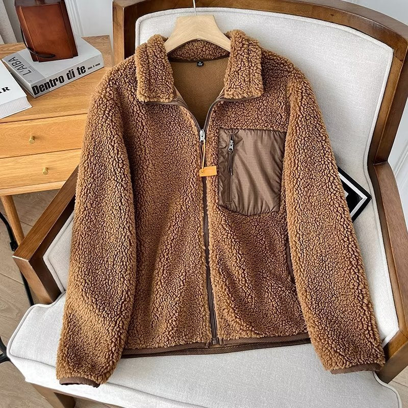 Couple's Autumn And Winter New Loose Zip Windproof Lamb Wool Coat For Women