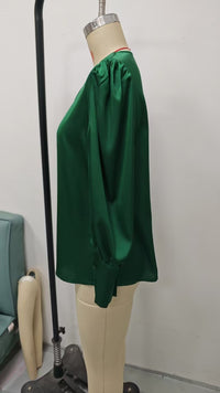 Womens Solid-Color V-Neck Silk Satin Long-Sleeve Shirt