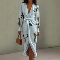 V-neck Long-sleeve Lace-up Printed Maxi Dress