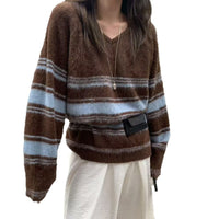 V-neck Layered Striped Brushed Lazy Style Versatile Knit Sweater Women
