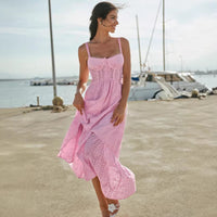 V-neck Slip Waist-Cinching A-Line Embroidered Hollow-Out Floral Dress