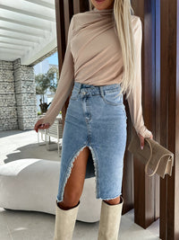 Split Fashion Casual Solid Denim Buttocks Skirt