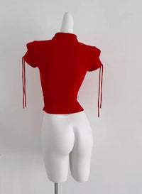 Red Flirty Bandage Bodycon Crop Top For Women Summer Short-Sleeve T-Shirt