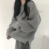 Slit Hemline At Hem Loose Sweater Round Neck Pullover Top Women