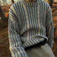 Men's Stripes Contrast Color Round Neck Casual Sweater