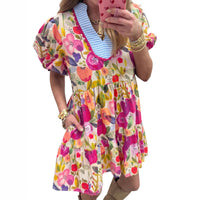 Versatile Floral Print Striped Trim Dress For Women