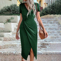 Womens Fashion V-Neck Slit Waist-Hugging Knitted Dress