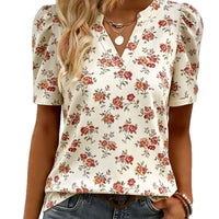 New Printed V-neck Puffed Short-sleeve Casual Fashion Top