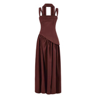 Flowing Ribbon-Trimmed High-Slit Waist-Cinching Lace-Up Maxi Dress