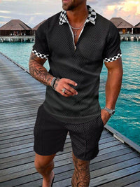 Men's Summer Fashion 3D Printed Short Sleeve Geometric Zip Lapel Shirt Set