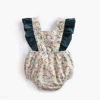 Floral Contrast Color Flounced Sleeve One-piece Baby Rompers Strap Matching