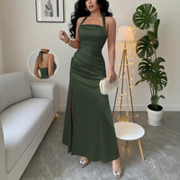 Neck-hanging Backless High-waisted Silk Slip Dress With A Slit And No Sleeves