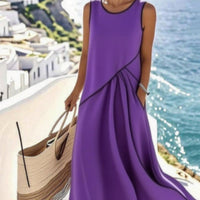 Euro-American Style Crew-Neck Sleeveless Contrasting-Color Loose Slimming Cross-Over Dress