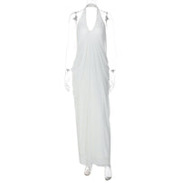 Summer New Sexy Loose Backless Sleeveless V-Neck Pleated Long Halter Mesh Dress