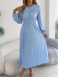Elegant Ruffled Long-sleeve Cinched-waist Pleated Maxi Dress