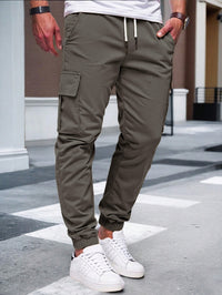 Mens Solid-color Work Pants With Drawstring Elastic Cuffs