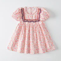 Summer Girl Floral Dress With Square Neck Embroidery