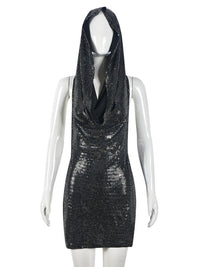 Womens Beaded Hooded Slash-Neck Hollow-Out Backless Dress