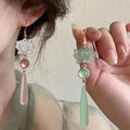 Step-by-Step Lotus Elegance New Chinese-Style Long Waterdrop Earrings With Lotus Cats-Eye Gemstones