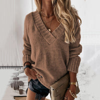 Solid-color Womens V-neck Long-sleeve Pullover Knit Top