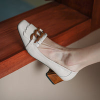 Fringed Chunky-heel Peep-toe Leather Shoes With A Chain Detail