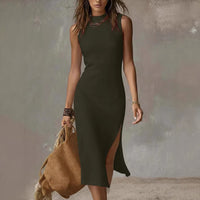 Sleeveless Solid-Color Tank Top High-Slit Elegant Midi Knitted Dress