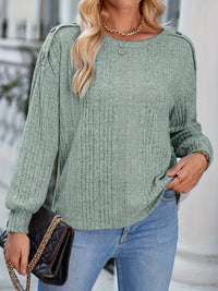 Solid Color Round Neck Fastener Decorative Long Sleeve Top